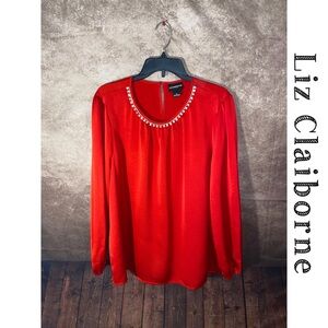 Liz Claiborne Career Blouse w/Rhinestone Accent Neckline-Red-Size XL-EUC